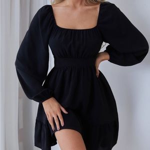 SHEIN Frenchy Ruched Lantern Sleeve Ruffle Hem Dress